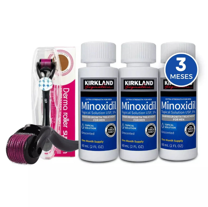COMBO 3 FRASCO MINOXIDIL + 1 DERMAROLLER 0.5 MM -PRONTA ENTREGA